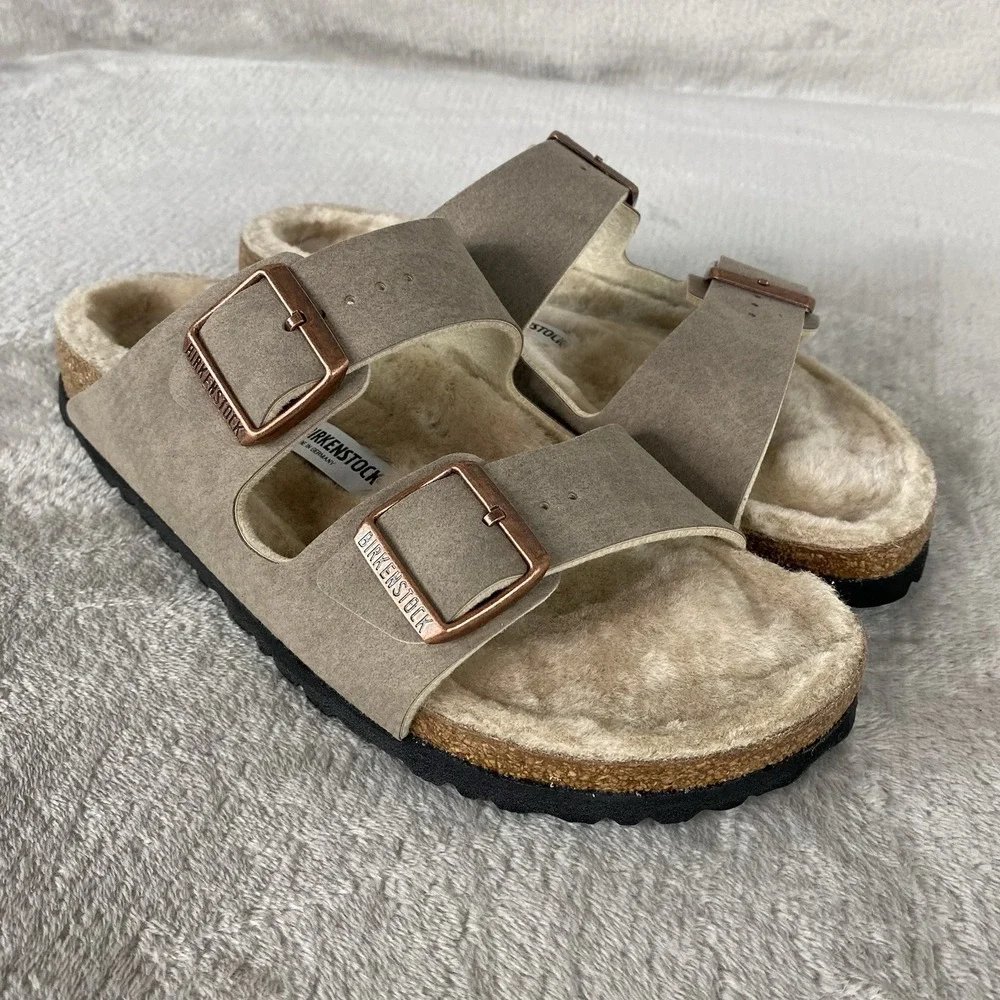Birkenstock Arizona Shearling Sandals Womens US 10 EU 41 Grey Taupe Narrow NEW
